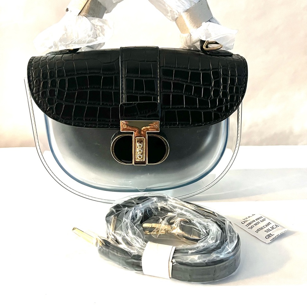 Clear Crossbody with Black Croc-embossed  Accents and Gold Turn Lock - New - Picture 8 of 10